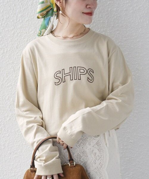 SHIPS / シップス Tシャツ | 《予約》【WEB限定】 SHIPS ラウンド プリント ロゴ ロングスリーブ TEE（ベージュ）
