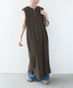 SHIPS / シップス ロング・マキシ丈ワンピース | 〈手洗い可能〉ランダム パイル レースアップ ワンピース
