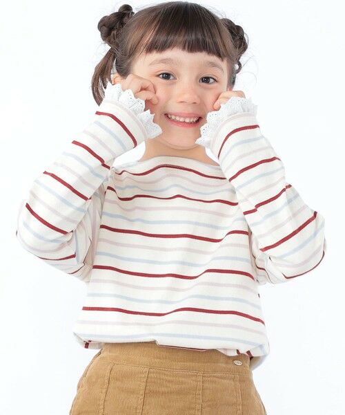 SHIPS / シップス Tシャツ | SHIPS KIDS:100〜130cm/コットンレース ボーダー ロングスリーブ Tシャツ（オフホワイト）