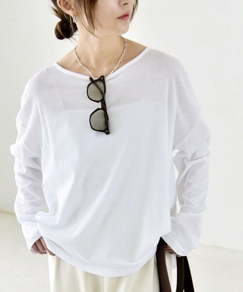 SHIPS / シップス カットソー | 《予約》quaranciel:〈手洗い可能〉シアー コットン ボートネック ルーズ ロンTEE（オフホワイト）