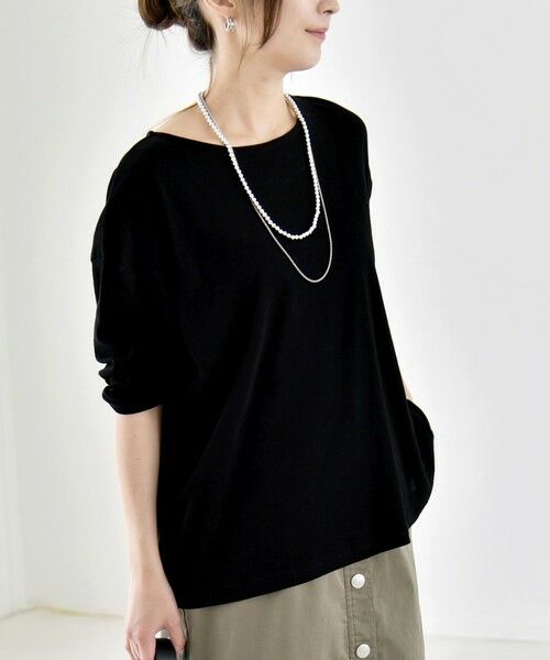 SHIPS / シップス カットソー | 《予約》quaranciel:〈手洗い可能〉シアー コットン ボートネック ルーズ ロンTEE（ブラック）