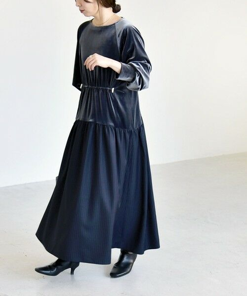 SHIPS / シップス ロング・マキシ丈ワンピース | 《予約》quaranciel:〈洗濯機可能〉ポリエステル ベロア ドロストコンビ ワンピース | 詳細1