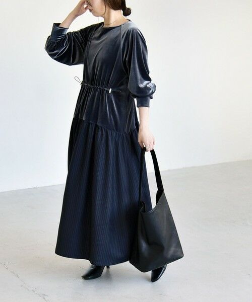 SHIPS / シップス ロング・マキシ丈ワンピース | 《予約》quaranciel:〈洗濯機可能〉ポリエステル ベロア ドロストコンビ ワンピース | 詳細7