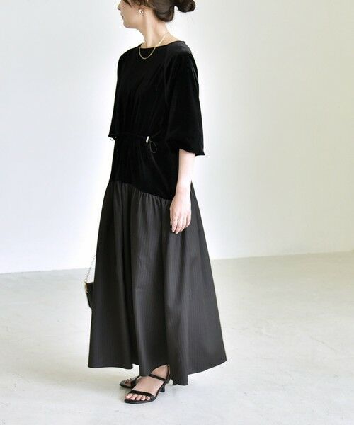 SHIPS / シップス ロング・マキシ丈ワンピース | 《予約》quaranciel:〈洗濯機可能〉ポリエステル ベロア ドロストコンビ ワンピース | 詳細16