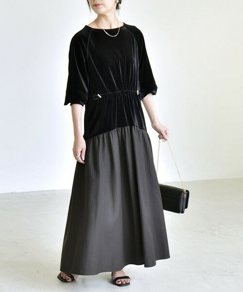 SHIPS / シップス ロング・マキシ丈ワンピース | 《予約》quaranciel:〈洗濯機可能〉ポリエステル ベロア ドロストコンビ ワンピース | 詳細17