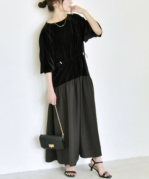 SHIPS / シップス ロング・マキシ丈ワンピース | 《予約》quaranciel:〈洗濯機可能〉ポリエステル ベロア ドロストコンビ ワンピース | 詳細18