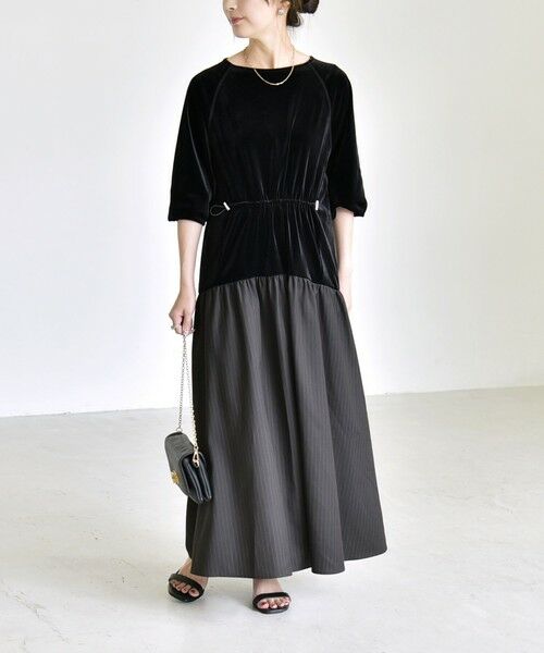 SHIPS / シップス ロング・マキシ丈ワンピース | 《予約》quaranciel:〈洗濯機可能〉ポリエステル ベロア ドロストコンビ ワンピース | 詳細11