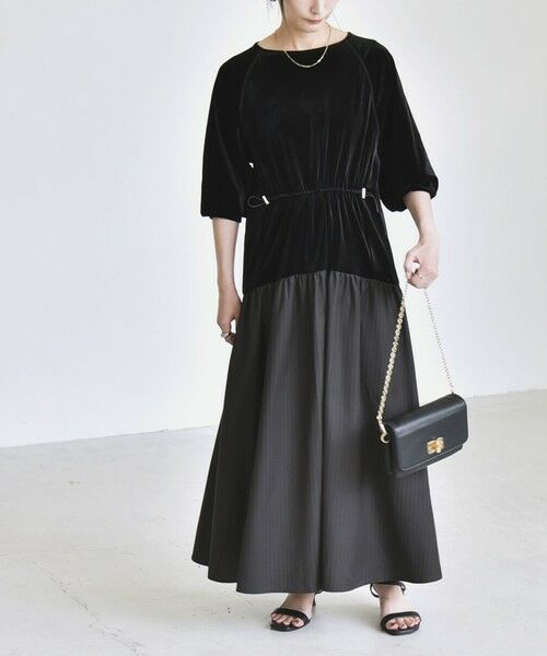 SHIPS / シップス ロング・マキシ丈ワンピース | 《予約》quaranciel:〈洗濯機可能〉ポリエステル ベロア ドロストコンビ ワンピース（ブラック）