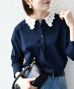 SHIPS / シップス カットソー | 《予約》SHIPS any:〈洗濯機可能〉レース カラー ロングスリーブ ポロ プルオーバー
