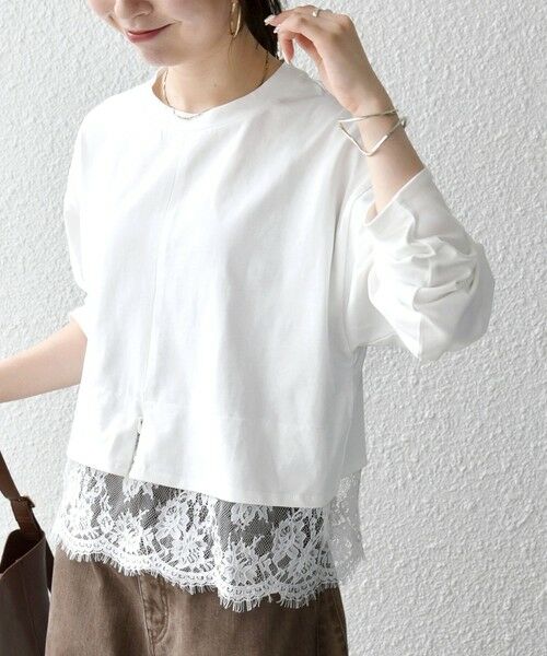 SHIPS / シップス カットソー | 《予約》SHIPS any:〈洗濯機可能〉ジップ レース ヘム ロングスリーブ TEE（ホワイト）