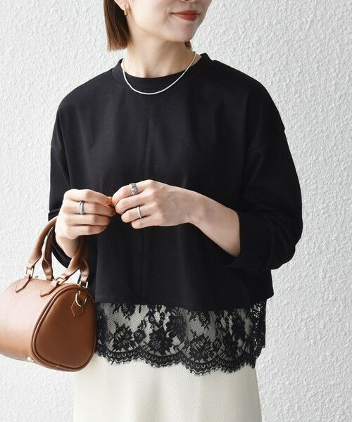 SHIPS / シップス カットソー | 《予約》SHIPS any:〈洗濯機可能〉ジップ レース ヘム ロングスリーブ TEE（ブラック）