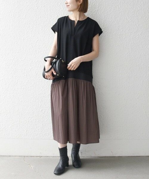 SHIPS / シップス ロング・マキシ丈ワンピース | 《予約》SHIPS any:〈手洗い可能〉カットジョーゼット ドッキング スキッパー ワンピース（ブラック）