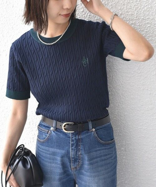 SHIPS / シップス ニット・セーター | 《予約》SHIPS Colors:〈手洗い可能〉ミニ ケーブル 配色 5分袖 ニット◆（ネイビー）