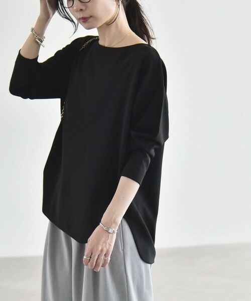 SHIPS / シップス カットソー | 《予約》quaranciel:〈洗濯機可能〉カットジョーゼット ラウンドヘム ルーズ プルオーバー（ブラック）