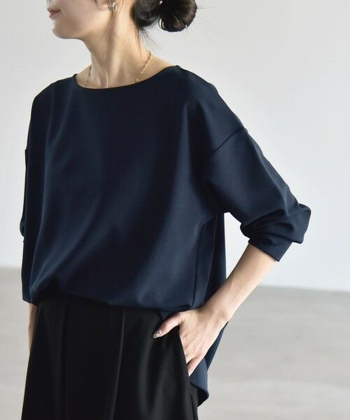 SHIPS / シップス カットソー | 《予約》quaranciel:〈洗濯機可能〉カットジョーゼット ラウンドヘム ルーズ プルオーバー（ネイビー）