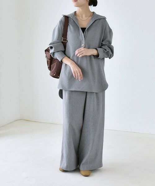 SHIPS / シップス ロング・マキシ丈ワンピース | 《予約》quaranciel:〈洗濯機可能〉ウールライク Vネック スキッパー シャツ & ワイド パンツ セットアップ | 詳細9