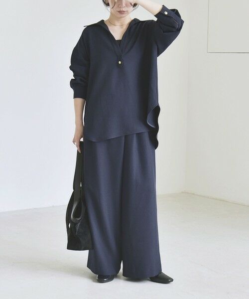 SHIPS / シップス ロング・マキシ丈ワンピース | 《予約》quaranciel:〈洗濯機可能〉ウールライク Vネック スキッパー シャツ & ワイド パンツ セットアップ（ネイビー）