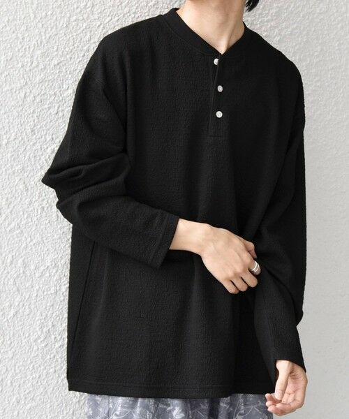 SHIPS / シップス カットソー | SHIPS any:〈洗濯機可能〉フクレ ジャカード リラックス ヘンリーネックTシャツ(ロンT)◆(ブラック)