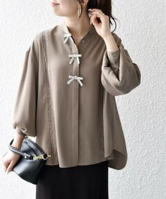 SHIPS / シップス シャツ・ブラウス | 《予約》SHIPS any:〈手洗い可能〉リボン モチーフ スタンドカラー シャツ ブラウス［NAVY BLUE］
