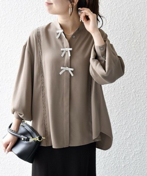 SHIPS / シップス シャツ・ブラウス | 《予約》SHIPS any:〈手洗い可能〉リボン モチーフ スタンドカラー シャツ ブラウス［NAVY BLUE］（カーキ）