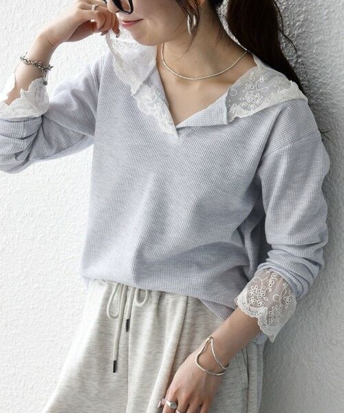 SHIPS / シップス カットソー | 《予約》SHIPS any:〈洗濯機可能〉ワッフル レース フーディー プルオーバー（ライトグレー）