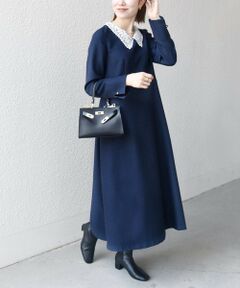 SHIPS / シップス ロング・マキシ丈ワンピース | 《予約》SHIPS any:〈洗濯機可能〉レースカラー ロング スリーブ ワンピース［NAVY BLUE］