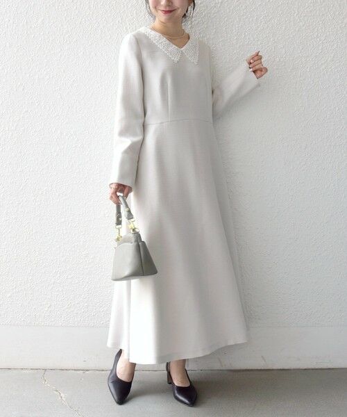 SHIPS / シップス ロング・マキシ丈ワンピース | 《予約》SHIPS any:〈洗濯機可能〉レースカラー ロング スリーブ ワンピース［NAVY BLUE］（ナチュラル）