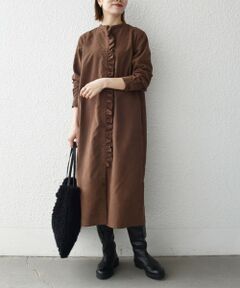 SHIPS / シップス ロング・マキシ丈ワンピース | 《予約》SHIPS any:〈洗濯機可能〉ピーチスキン フリル バンドカラー シャツ ワンピース