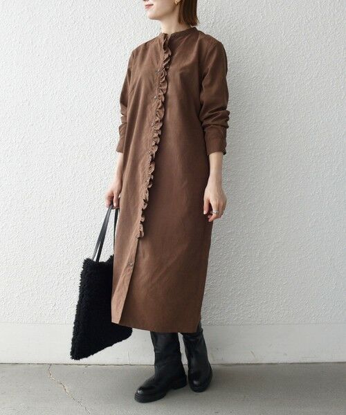 SHIPS / シップス ロング・マキシ丈ワンピース | 《予約》SHIPS any:〈洗濯機可能〉ピーチスキン フリル バンドカラー シャツ ワンピース | 詳細5