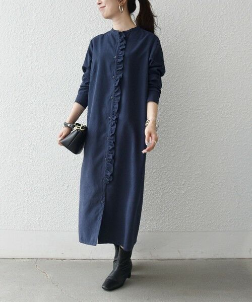SHIPS / シップス ロング・マキシ丈ワンピース | 《予約》SHIPS any:〈洗濯機可能〉ピーチスキン フリル バンドカラー シャツ ワンピース | 詳細21