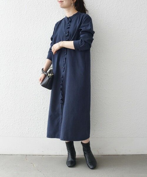 SHIPS / シップス ロング・マキシ丈ワンピース | 《予約》SHIPS any:〈洗濯機可能〉ピーチスキン フリル バンドカラー シャツ ワンピース | 詳細16