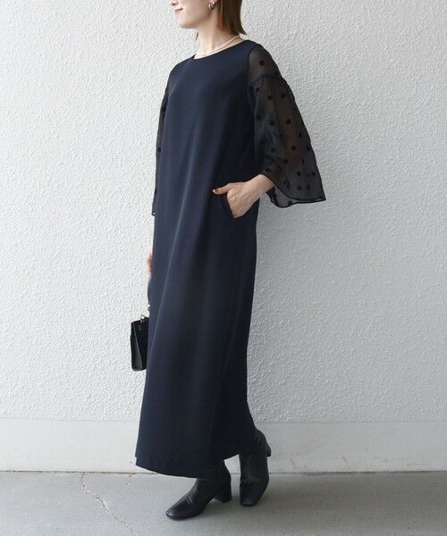 SHIPS / シップス ロング・マキシ丈ワンピース | 《予約》SHIPS any:〈手洗い可能〉シアー ドット コンビ ワンピース ［NAVY BLUE］ | 詳細18