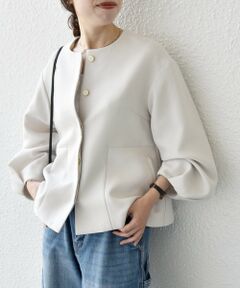 SHIPS / シップス ノーカラージャケット | 《予約》SHIPS any:〈手洗い可能〉パフ スリーブ ノーカラー ジャケット［NAVY BLUE］