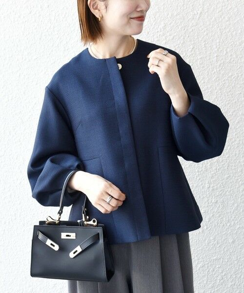 SHIPS / シップス ノーカラージャケット | 《予約》SHIPS any:〈手洗い可能〉パフ スリーブ ノーカラー ジャケット［NAVY BLUE］（ネイビー）