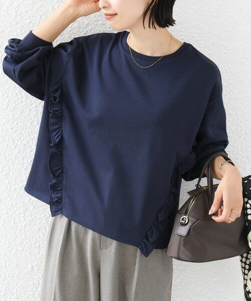 SHIPS / シップス Tシャツ | 《予約》【WEB限定】〈洗濯機可能〉オーガニックコットン フリル ロングスリーブ TEE（ネイビー）
