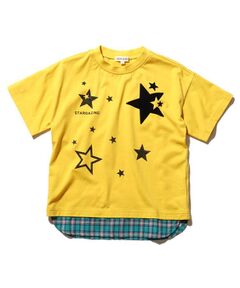◆【100-140cm】チェック裾レイヤード星プリントTシャツ