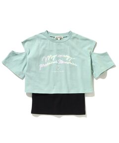 ◆【110-140cm/2点セット】肩スリットTシャツ+インナーキャミセット