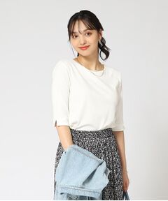 【ロングシーズン重宝する】縦ラインで細見え クルーネック5分袖トップス