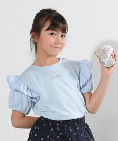 【110-140cm】異素材使いフリルパフ袖Tシャツ