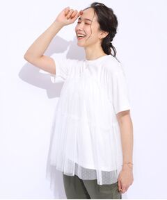 【動くたびにふわっと揺れる】　着るだけで華やかな ドットチュールドッキングTシャツ