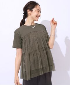 【動くたびにふわっと揺れる】　着るだけで華やかな ドットチュールドッキングTシャツ