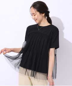 【動くたびにふわっと揺れる】　着るだけで華やかな ドットチュールドッキングTシャツ