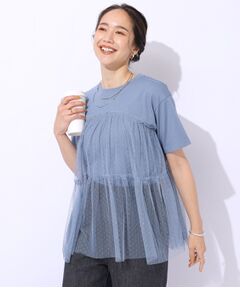 【動くたびにふわっと揺れる】　着るだけで華やかな ドットチュールドッキングTシャツ