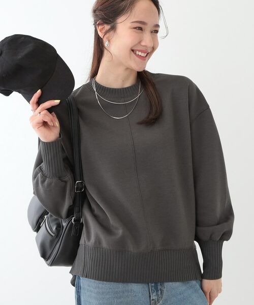 SHOO・LA・RUE/シューラルー 【洗える/S-LL】長めのリブでお袖すっきり 異素材トップス チャコールグレー(014) 04(LL) SHOO・LA・RUE/シューラルー 【洗える/S-LL】長めのリブでお袖すっきり 異素材トップス チャコールグレー(014) 04(LL)