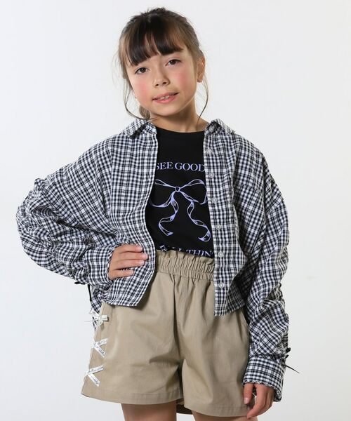 SHOO・LA・RUE/シューラルー 【洗える/100-150cm】お袖リボンがアクセント クロップド丈 チェックシャツ ブラック(219) 10(100cm) SHOO・LA・RUE/シューラルー 【洗える/100-150cm】お袖リボンがアクセント クロップド丈 チェックシャツ ブラック(219) 10(100cm)