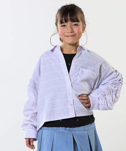 SHOO・LA・RUE/シューラルー 【洗える/100-150cm】お袖リボンがアクセント クロップド丈 チェックシャツ ラベンダー(280) 12(120cm) SHOO・LA・RUE/シューラルー 【洗える/100-150cm】お袖リボンがアクセント クロップド丈 チェックシャツ ラベンダー(280) 12(120cm)