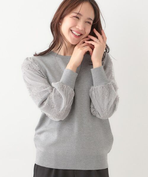 SHOO・LA・RUE/シューラルー 【S-LL】大人可愛い お袖レースドッキングニット グレー(012) 03(L) SHOO・LA・RUE/シューラルー 【S-LL】大人可愛い お袖レースドッキングニット グレー(012) 03(L)
