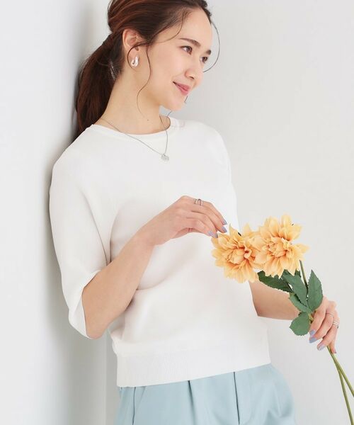 SHOO・LA・RUE/シューラルー 【洗える/S-LL】季節の変わり目から活躍 マルチ機能 5分袖ニット オフホワイト(003) 01(S) SHOO・LA・RUE/シューラルー 【洗える/S-LL】季節の変わり目から活躍 マルチ機能 5分袖ニット オフホワイト(003) 01(S)