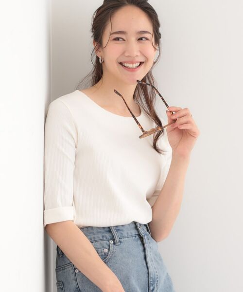 SHOO・LA・RUE/シューラルー 【S-LL】一枚でもインナーでも テレコ5分袖トップス オフホワイト(003) 04(LL) SHOO・LA・RUE/シューラルー 【S-LL】一枚でもインナーでも テレコ5分袖トップス オフホワイト(003) 04(LL)