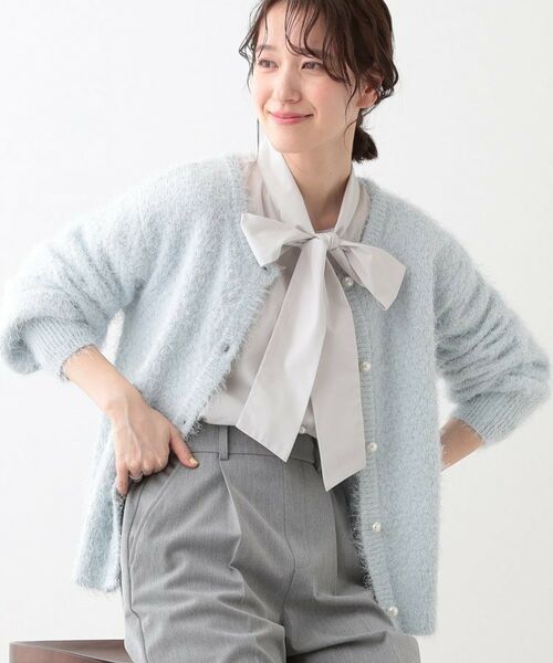 SHOO・LA・RUE/シューラルー 【S-LL】ラメフェザー柄編みカーディガン サックスブルー(090) 04(LL) SHOO・LA・RUE/シューラルー 【S-LL】ラメフェザー柄編みカーディガン サックスブルー(090) 04(LL)
